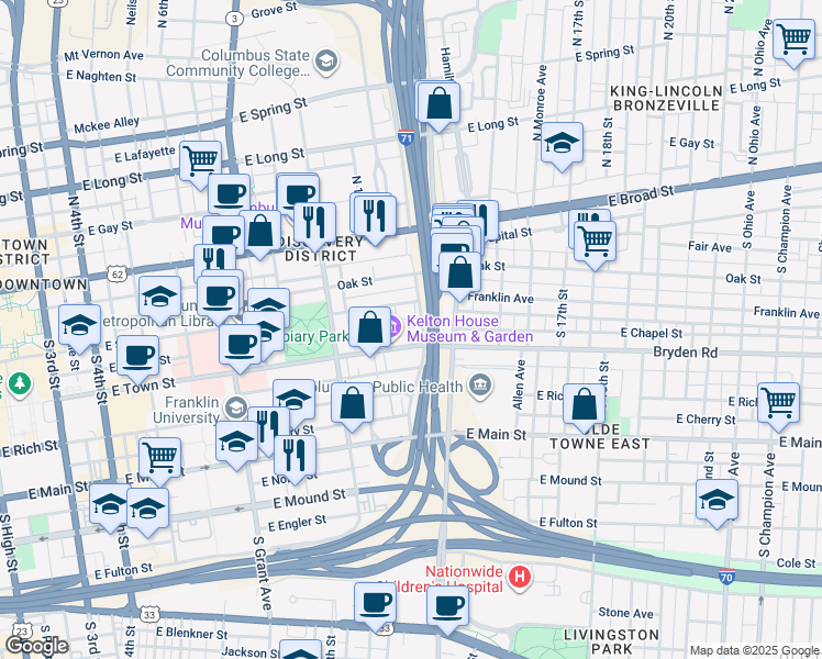 map of restaurants, bars, coffee shops, grocery stores, and more near 630 East Town Street in Columbus