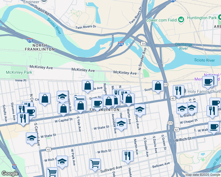 map of restaurants, bars, coffee shops, grocery stores, and more near 118 Meek Avenue in Columbus