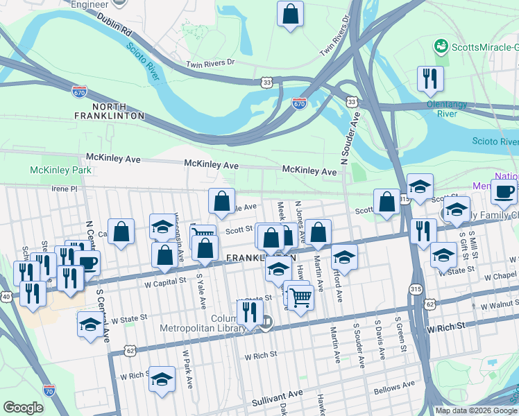 map of restaurants, bars, coffee shops, grocery stores, and more near 1014 Cable Avenue in Columbus