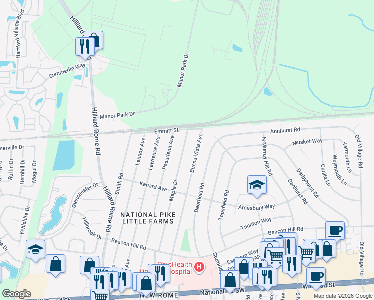 map of restaurants, bars, coffee shops, grocery stores, and more near 468 Maple Drive in Columbus