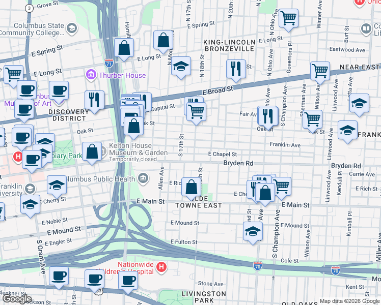 map of restaurants, bars, coffee shops, grocery stores, and more near 165 South 18th Street in Columbus