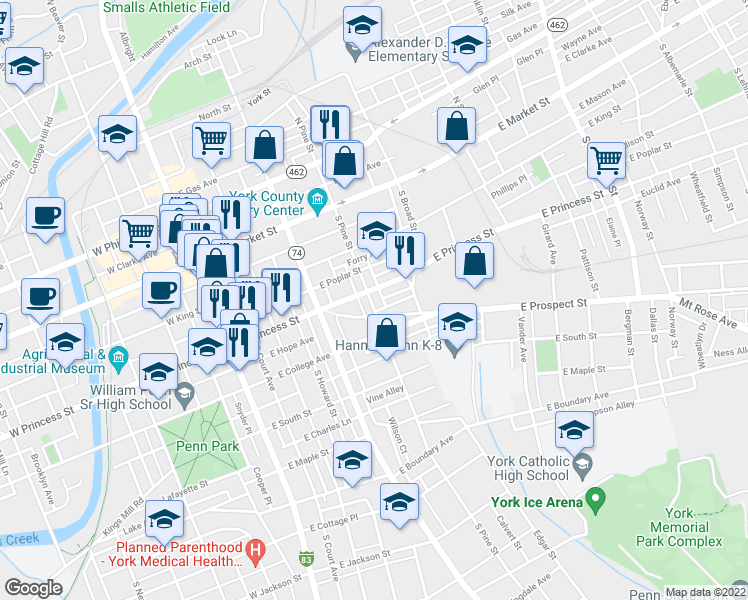 map of restaurants, bars, coffee shops, grocery stores, and more near 211 South Pine Street in York