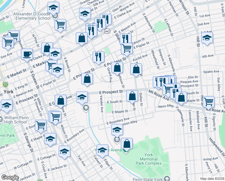 map of restaurants, bars, coffee shops, grocery stores, and more near 725 Pennsylvania 124 in York