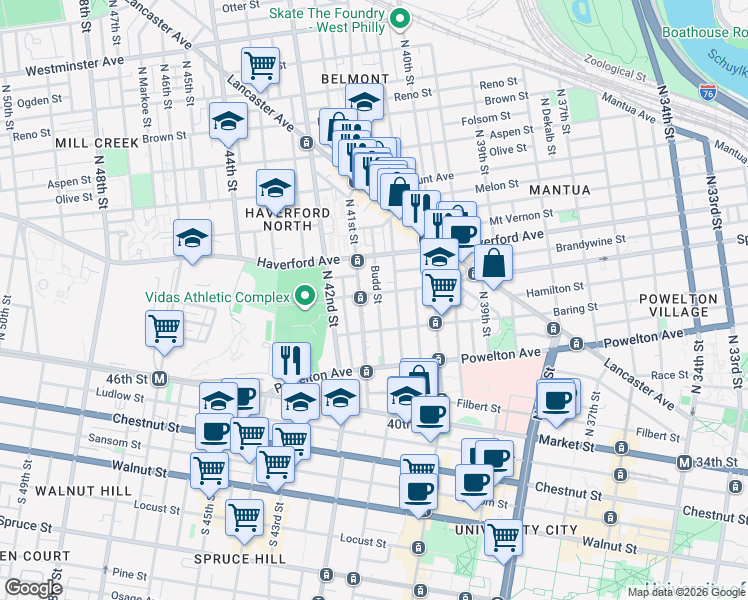map of restaurants, bars, coffee shops, grocery stores, and more near 4101 Spring Garden Street in Philadelphia