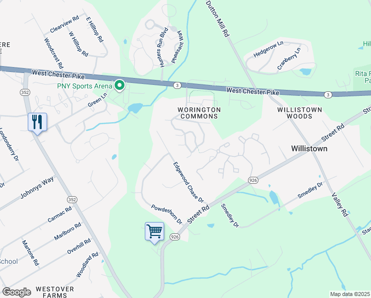 map of restaurants, bars, coffee shops, grocery stores, and more near 1704 Stoneham Drive in West Chester