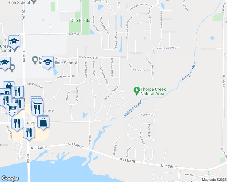 map of restaurants, bars, coffee shops, grocery stores, and more near 11821 Gatwick View Drive in Fishers