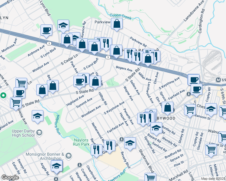 map of restaurants, bars, coffee shops, grocery stores, and more near 87 South State Road in Upper Darby