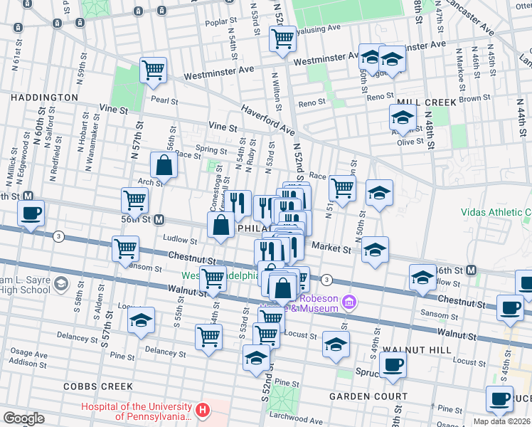 map of restaurants, bars, coffee shops, grocery stores, and more near 57 North 53rd Street in Philadelphia