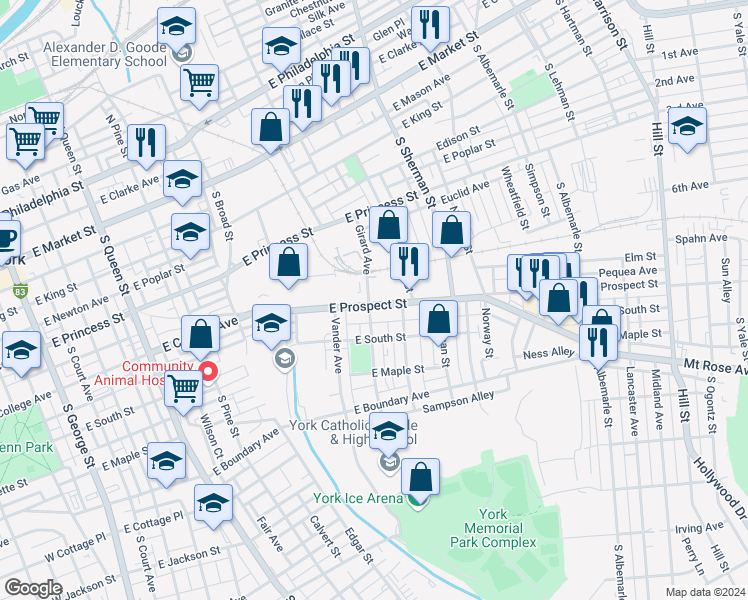 map of restaurants, bars, coffee shops, grocery stores, and more near 705 East Prospect Street in York