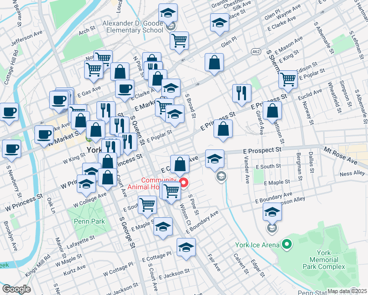 map of restaurants, bars, coffee shops, grocery stores, and more near 332 East Princess Street in York