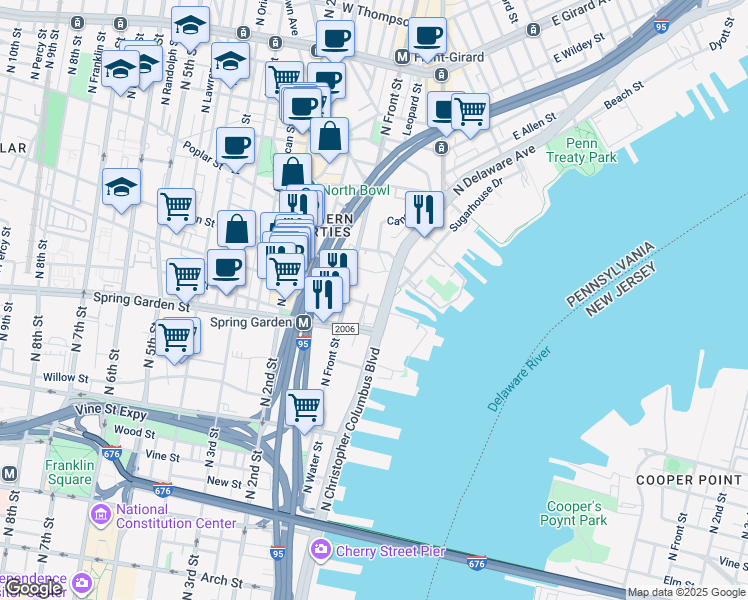 map of restaurants, bars, coffee shops, grocery stores, and more near 707 North Front Street in Philadelphia