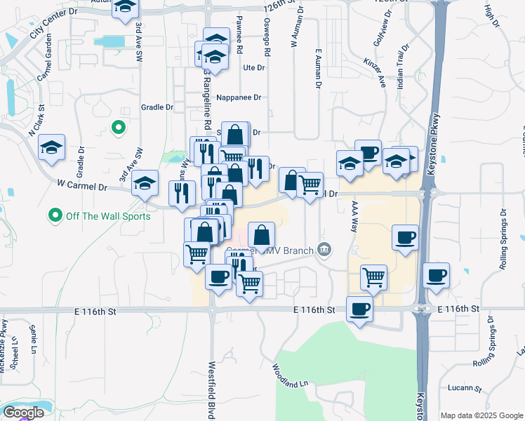 map of restaurants, bars, coffee shops, grocery stores, and more near 205 East Carmel Drive in Carmel
