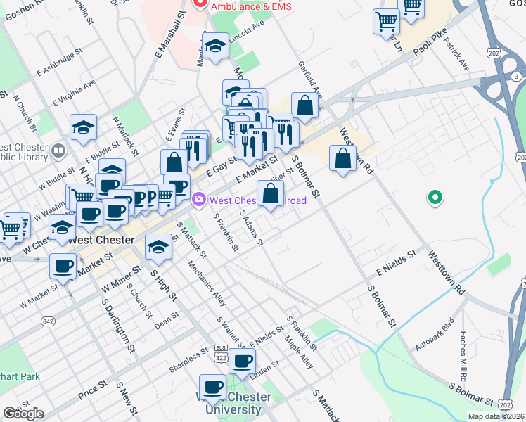 map of restaurants, bars, coffee shops, grocery stores, and more near 413 East Barnard Street in West Chester