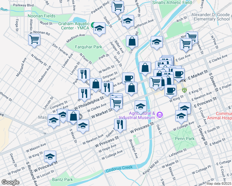 map of restaurants, bars, coffee shops, grocery stores, and more near 344 West Philadelphia Street in York