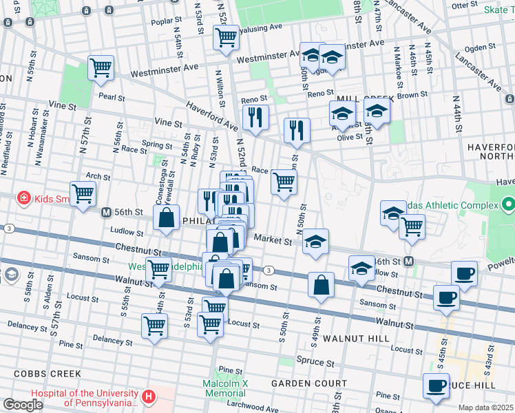 map of restaurants, bars, coffee shops, grocery stores, and more near 5124 Arch Street in Philadelphia