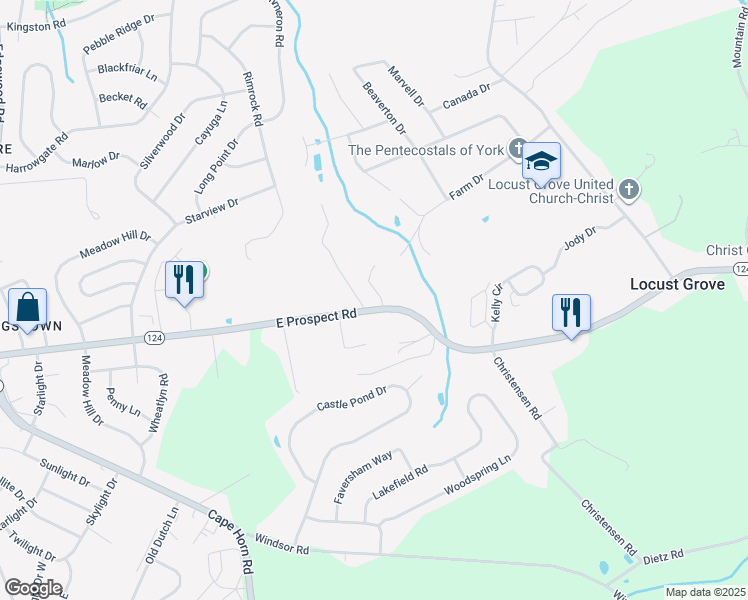map of restaurants, bars, coffee shops, grocery stores, and more near 3045 East Prospect Road in York