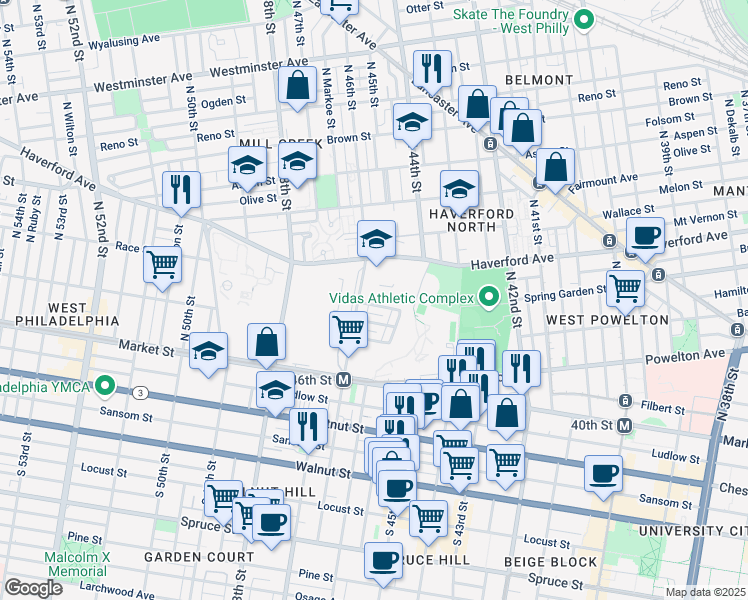 map of restaurants, bars, coffee shops, grocery stores, and more near 91 North 46th Street in Philadelphia