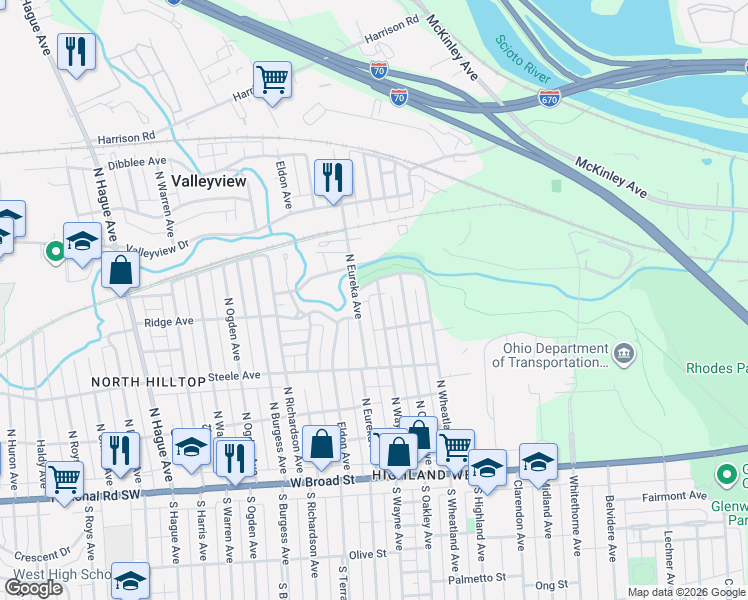 map of restaurants, bars, coffee shops, grocery stores, and more near 2395 Glenview Boulevard in Columbus