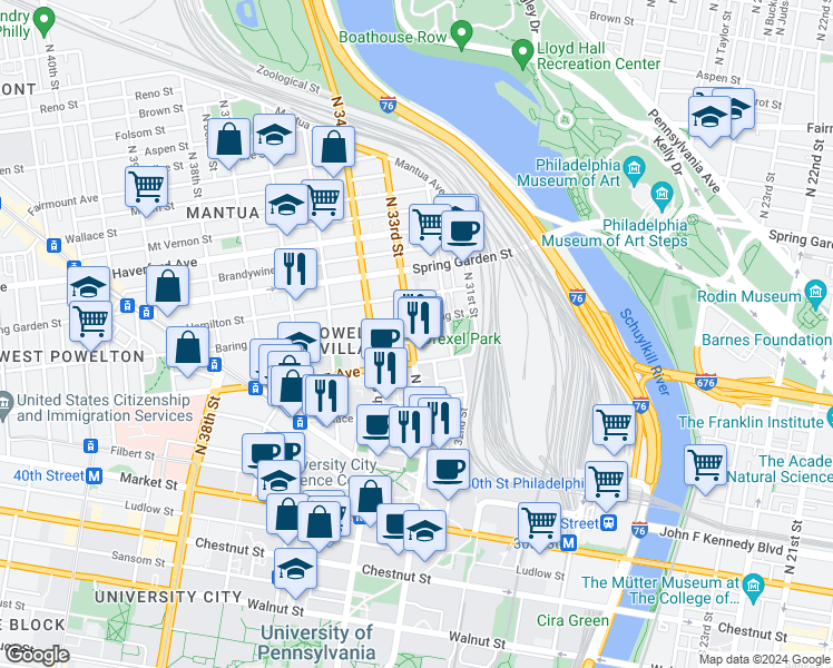 map of restaurants, bars, coffee shops, grocery stores, and more near 315 North 33rd Street in Philadelphia