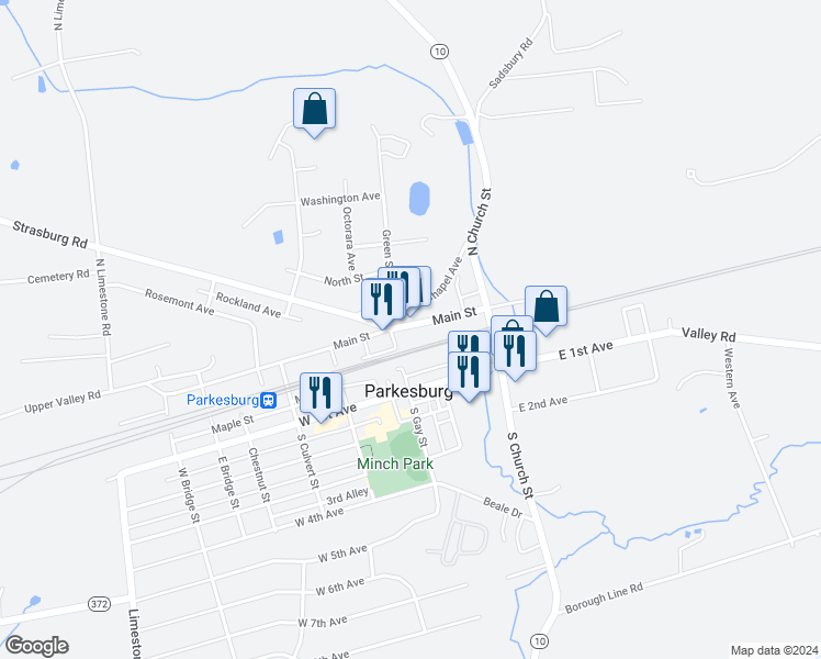 map of restaurants, bars, coffee shops, grocery stores, and more near 214 Main Street in Parkesburg