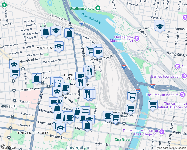 map of restaurants, bars, coffee shops, grocery stores, and more near 3214 Baring Street in Philadelphia