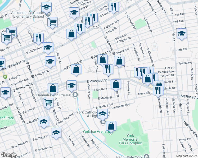 map of restaurants, bars, coffee shops, grocery stores, and more near 707 East Prospect Street in York