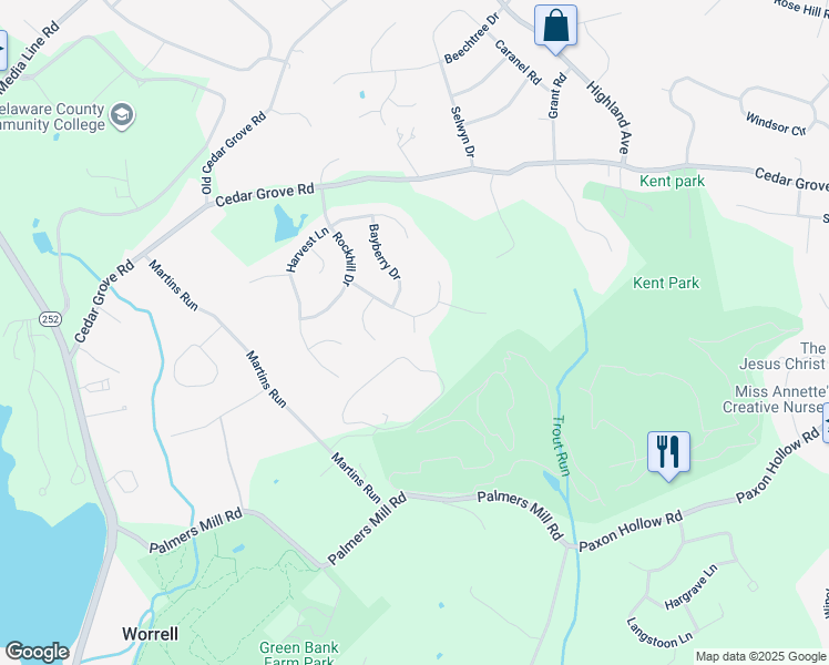 map of restaurants, bars, coffee shops, grocery stores, and more near 55 Cedar Crest Circle in Broomall