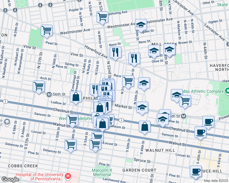 map of restaurants, bars, coffee shops, grocery stores, and more near 5128 Arch Street in Philadelphia