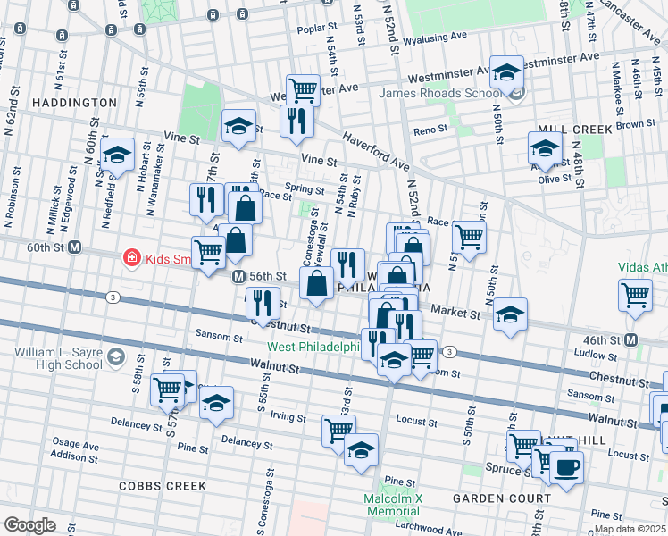 map of restaurants, bars, coffee shops, grocery stores, and more near 27 North 54th Street in Philadelphia