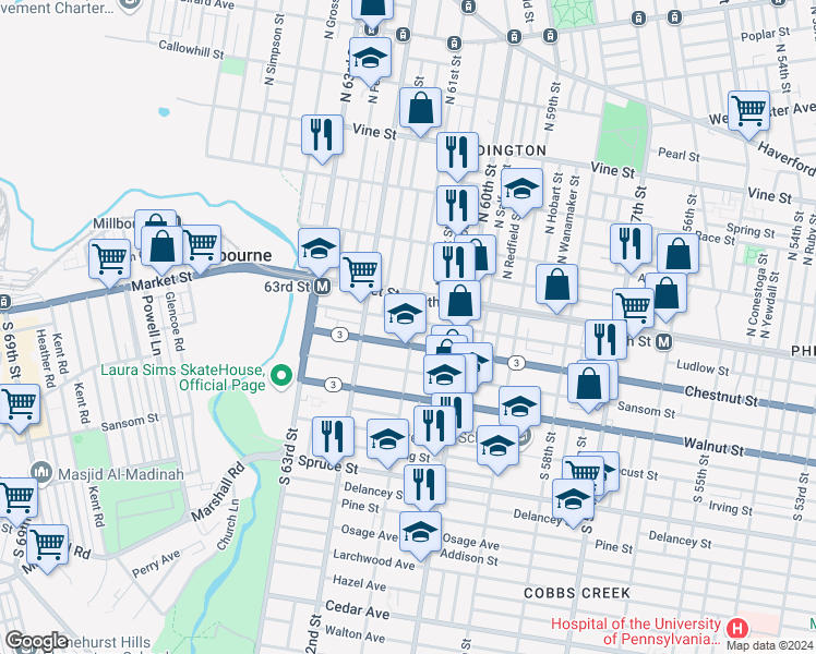map of restaurants, bars, coffee shops, grocery stores, and more near 38 South 61st Street in Philadelphia