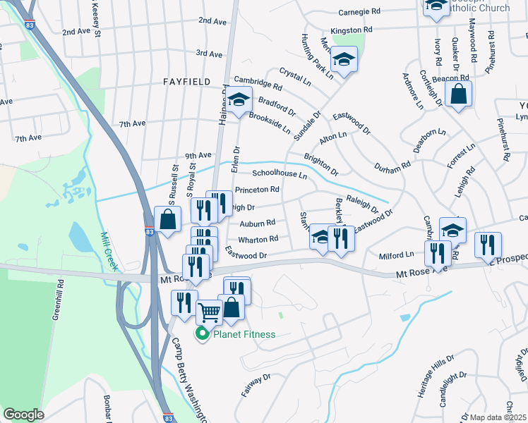 map of restaurants, bars, coffee shops, grocery stores, and more near 2458 Raleigh Drive in East York