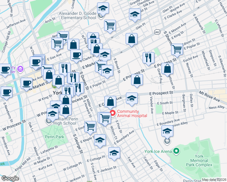 map of restaurants, bars, coffee shops, grocery stores, and more near 332 East Princess Street in York