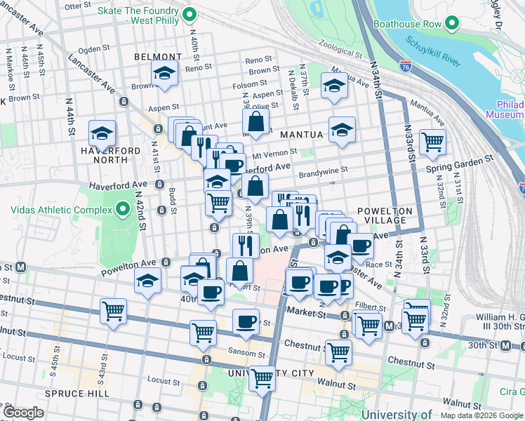map of restaurants, bars, coffee shops, grocery stores, and more near in Philadelphia