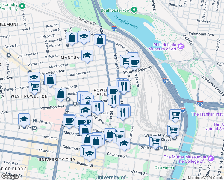 map of restaurants, bars, coffee shops, grocery stores, and more near 3308 Baring Street in Philadelphia