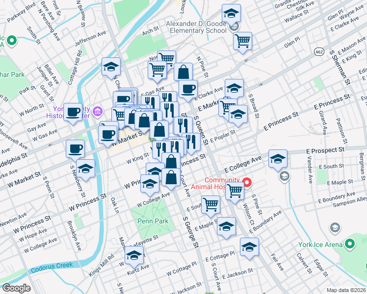 map of restaurants, bars, coffee shops, grocery stores, and more near 117 South Duke Street in York