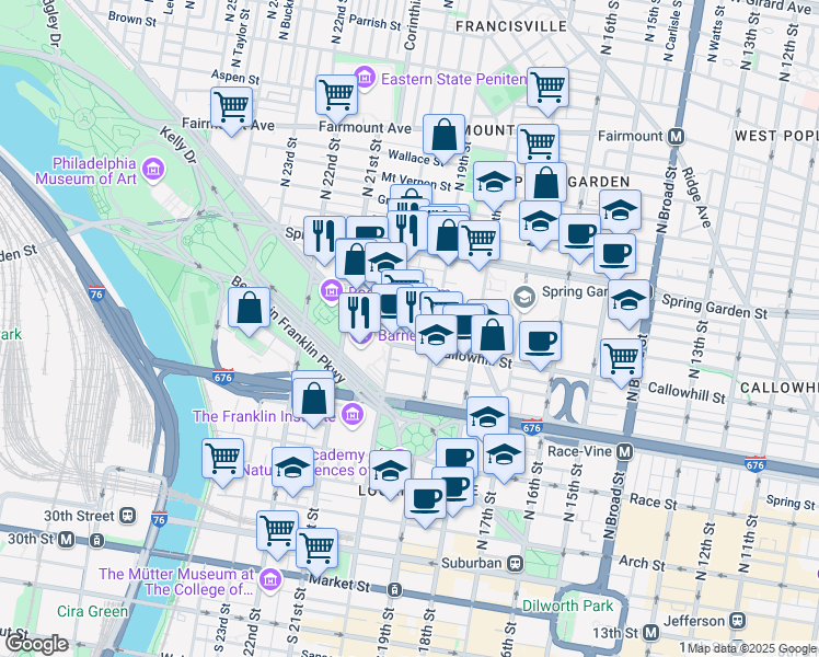 map of restaurants, bars, coffee shops, grocery stores, and more near 407 North 20th Street in Philadelphia