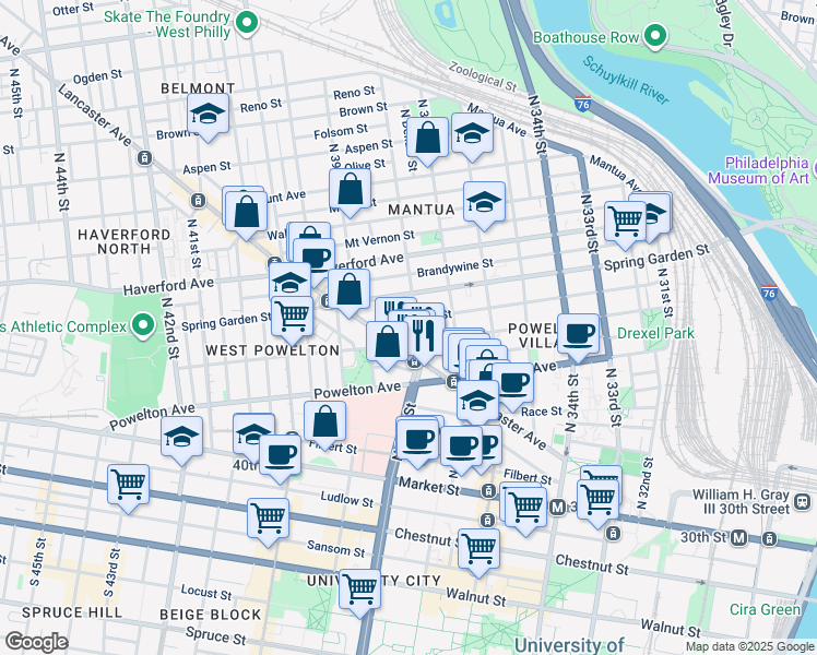 map of restaurants, bars, coffee shops, grocery stores, and more near 3806 Hamilton Street in Philadelphia