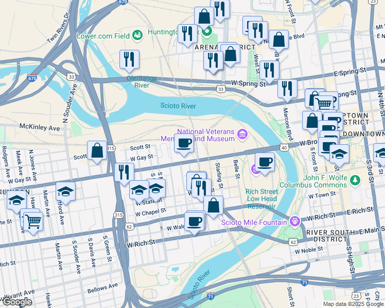 map of restaurants, bars, coffee shops, grocery stores, and more near 450 West Broad Street in Columbus
