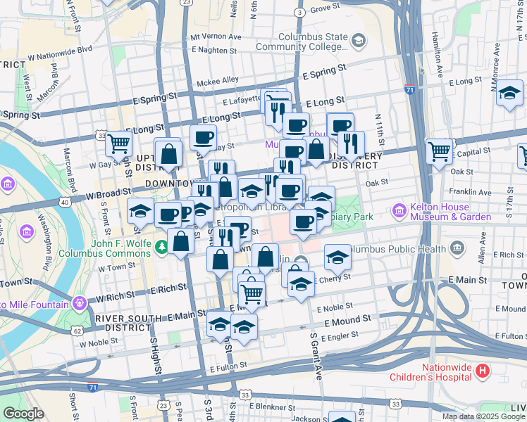 map of restaurants, bars, coffee shops, grocery stores, and more near 77 South 6th Street in Columbus