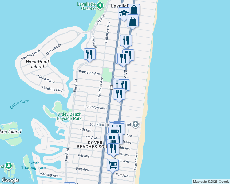 map of restaurants, bars, coffee shops, grocery stores, and more near 104 Newark Ave in Lavallette