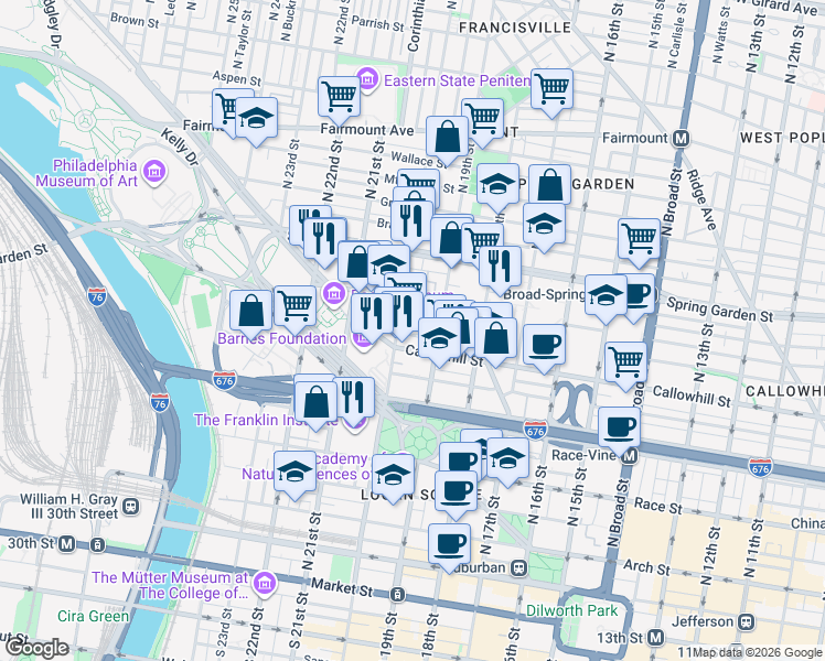 map of restaurants, bars, coffee shops, grocery stores, and more near 407 North 20th Street in Philadelphia
