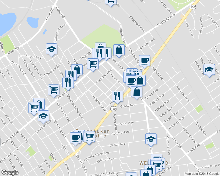 map of restaurants, bars, coffee shops, grocery stores, and more near 2270 Mulford Avenue in Pennsauken Township