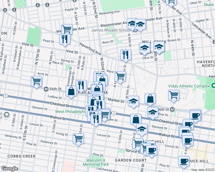 map of restaurants, bars, coffee shops, grocery stores, and more near 5128 Arch Street in Philadelphia