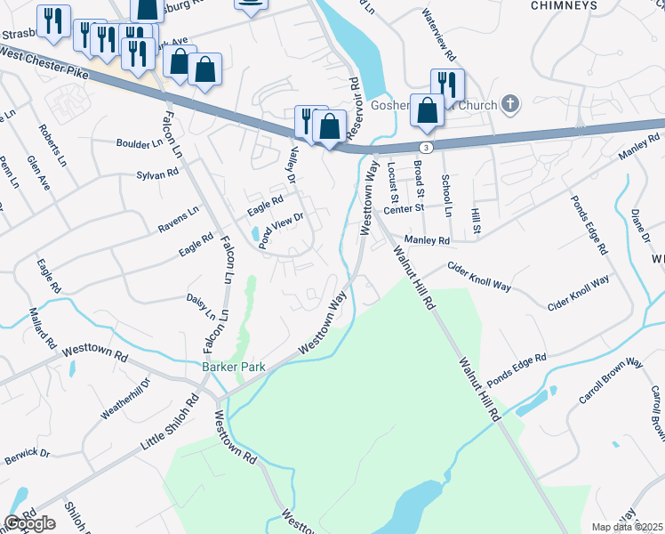 map of restaurants, bars, coffee shops, grocery stores, and more near 1212 Valley Drive in West Chester