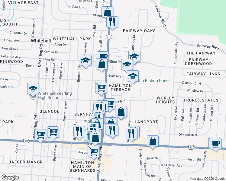 map of restaurants, bars, coffee shops, grocery stores, and more near 4627 Louise Avenue in Whitehall