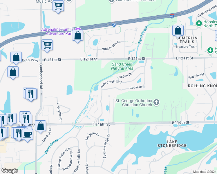 map of restaurants, bars, coffee shops, grocery stores, and more near 10392 Cedar Drive in Fishers