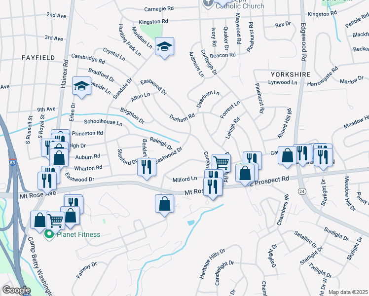 map of restaurants, bars, coffee shops, grocery stores, and more near 2716 Eastwood Drive in East York
