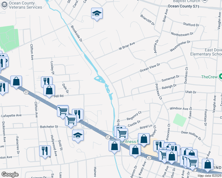 map of restaurants, bars, coffee shops, grocery stores, and more near 616 Brookside Drive in Toms River