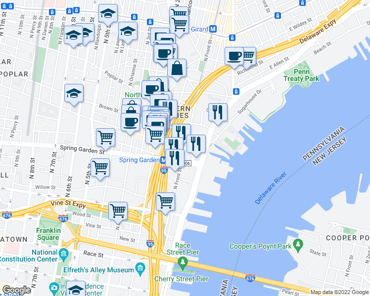 map of restaurants, bars, coffee shops, grocery stores, and more near N Front St & Fairmount Ave in Philadelphia