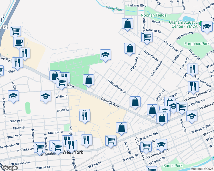 map of restaurants, bars, coffee shops, grocery stores, and more near 827 Florida Avenue in York